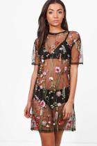 Boohoo Tall Shay Sheer Embroidered Boxy Dress Black