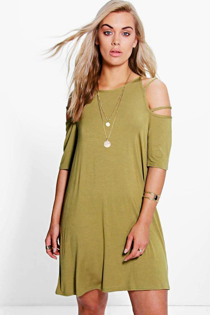 Boohoo Plus Ada Open Shoulder Strappy Swing Dress Olive