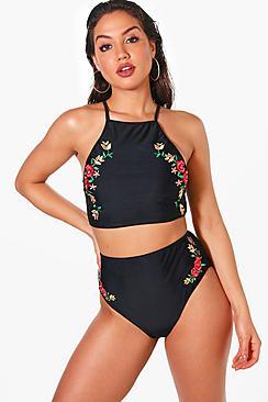 Boohoo Kamalame Embroidered High Waist Crop Bikini
