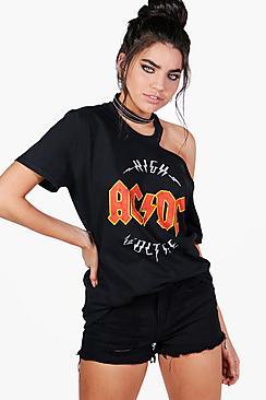 Boohoo Jessica Acdc Distressed Cold Shoulder Washed Tee