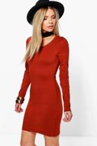 Boohoo Camille Long Sleeve Jersey Bodycon Dress Chestnut