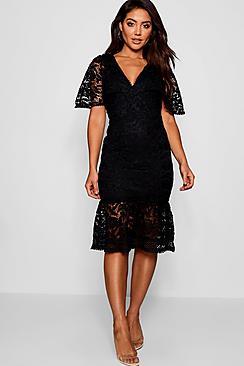 Boohoo Lace Cape Sleeve Frill Hem Midi Dress