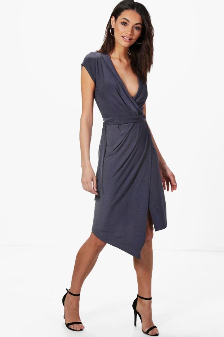 Boohoo Alice Wrap Front Midi Dress Charcoal