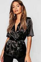 Boohoo Button Down Satin Tie Waist Utility Shirt