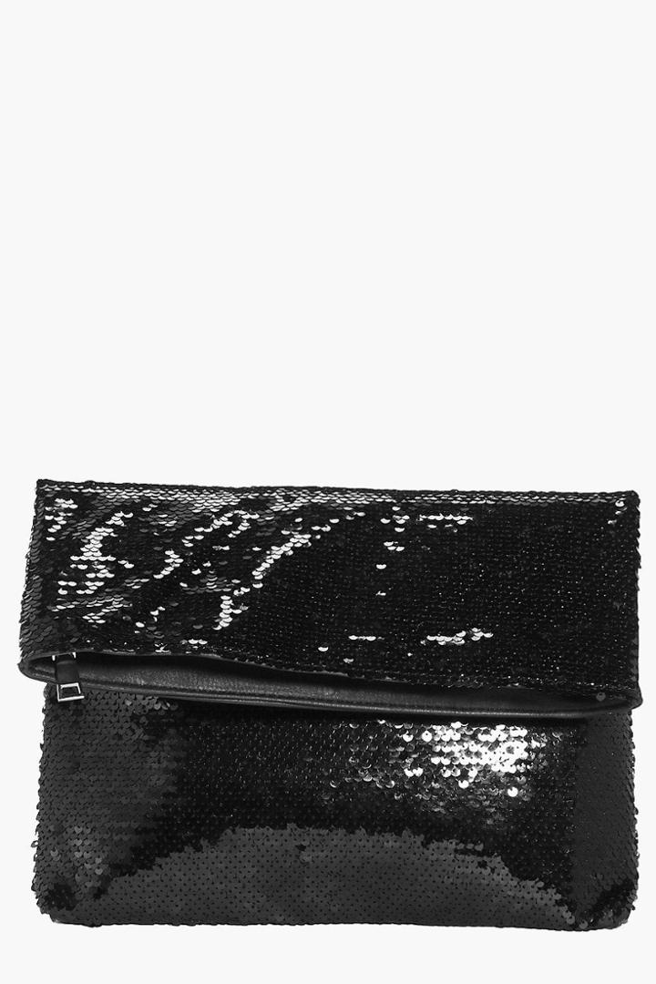 Boohoo Darcy Fold Over Sequin Clutch Bag Black