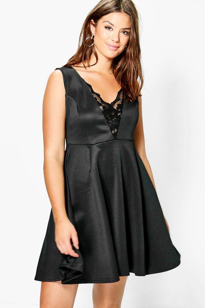 Boohoo Plus Abigail Lace Wrap Plunge Skater Dress Black