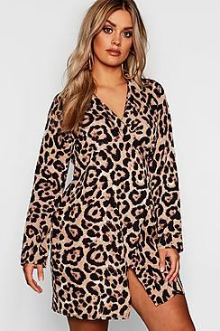 Boohoo Plus Leopard Print Wrap Shirt Dress