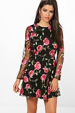 Boohoo Jamie Embroidered Mesh Long Sleeved Skater Dress