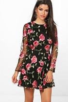 Boohoo Jamie Embroidered Mesh Long Sleeved Skater Dress