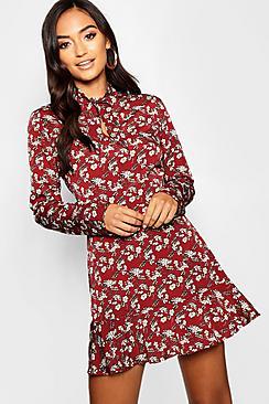 Boohoo Petite Woven Tie Neck Floral Tea Dress