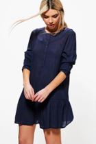 Boohoo Pamela Button Front Woven Smock Dress Navy