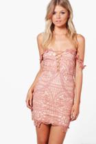 Boohoo Petite Lola Lace Off The Shoulder Bodycon Dress Rose