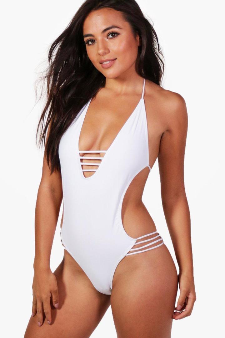 Boohoo Petite Kara Side Strap Cut Out Bathing Suit White