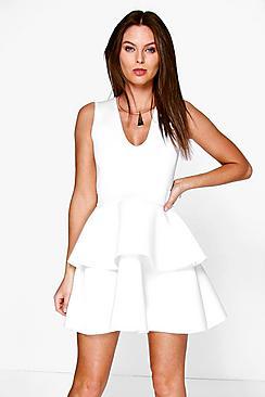 Boohoo Jennifer Plunge Neck Peplum Skater Dress