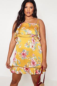Boohoo Plus Maisie Floral Print Frill Detail Mini Dress