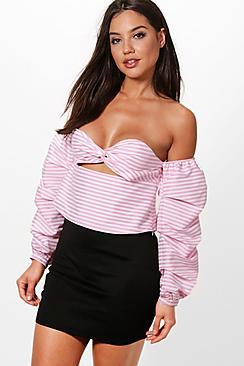Boohoo Grace Ruched Sleeve Cut Out Striped Bardot Top