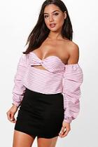Boohoo Grace Ruched Sleeve Cut Out Striped Bardot Top
