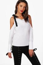 Boohoo Tall Avril Tie Cold Shoulder Lace Up Cuff Top White