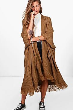 Boohoo Karina Tassel Hem Cape Cardigan