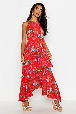 Boohoo Layered Floral Asymetric Hem Maxi Dress