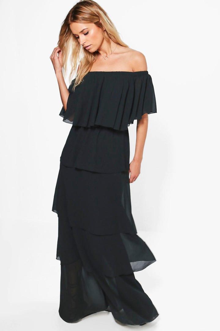 Boohoo Amiee Off Shoulder Ruffle Maxi Dress Black