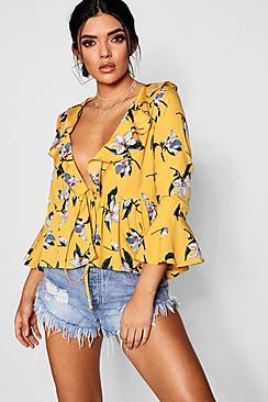 Boohoo Shelly Ruffle Tie Front Peplum Top