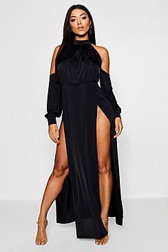 Boohoo High Neck Cold Shoulder Split Maxi Dress