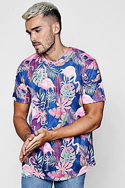 Boohoo Flamingo & Leaf Print Longline Curve Hem T-shirt
