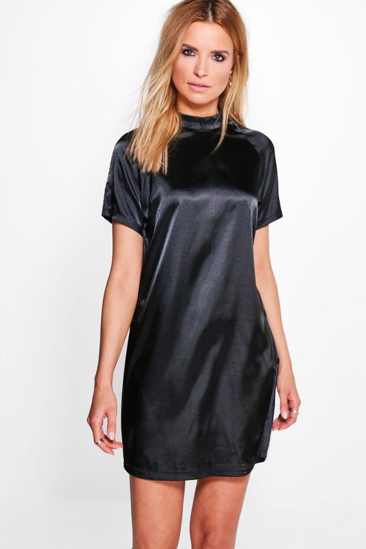 Boohoo Hayley Short Sleeve Satin Shift Dress Black