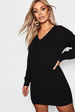 Boohoo Plus Rib V Neck Jumper Dress