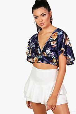 Boohoo Tall Kayla Oriental Print Velvet Wrap Top