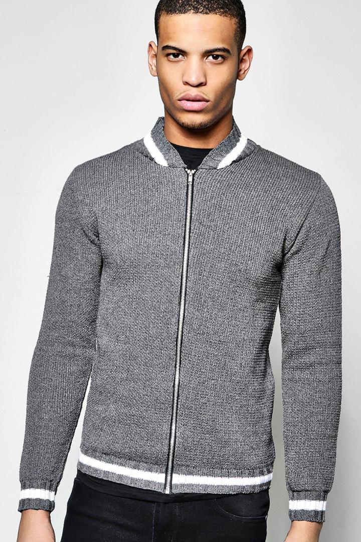 Boohoo Knitted Bomber Jacket With Varsity Rib Charcoal