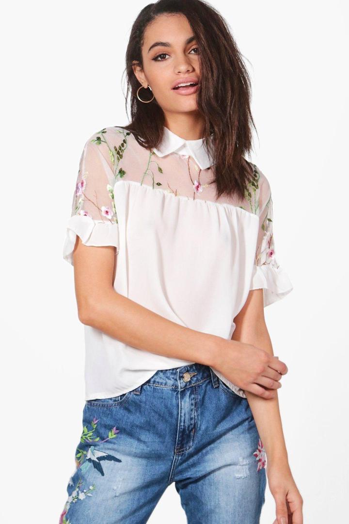 Boohoo Freya Embroidered Mesh Short Sleeve Shirt White