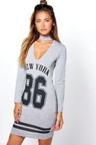 Boohoo Mia Plunge Neck Long Sleeve Bodycon Dress Grey