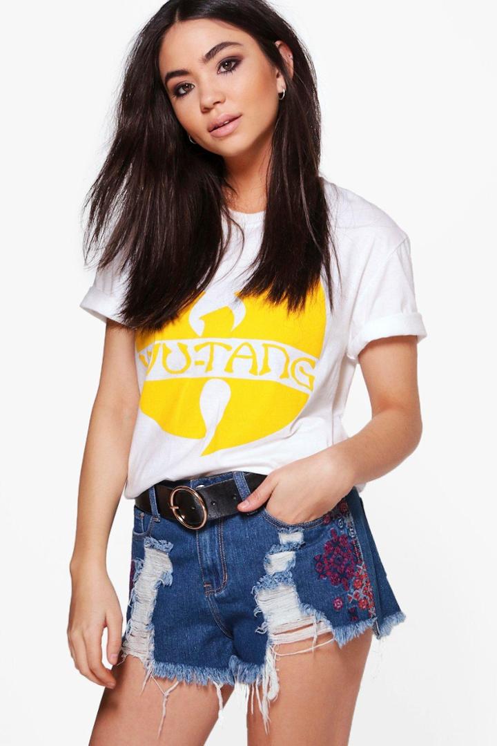 Boohoo Lourdes Embroidered Ripped Denim Hot Pants Blue