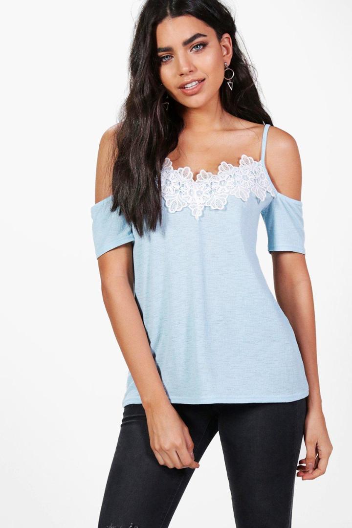 Boohoo Skye Applique Trim Cold Shoulder Top Blue