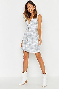 Boohoo V Neck Button Through Check Pinafore Dress