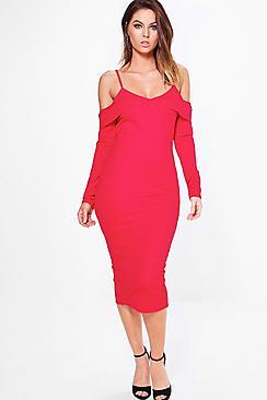 Boohoo Bekki Cold Shoulder Fold Detail Midi Dress