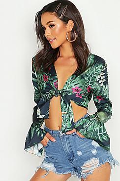 Boohoo Tall Tie Front Tropical Top