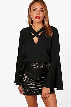 Boohoo Woven Cross Neck Top
