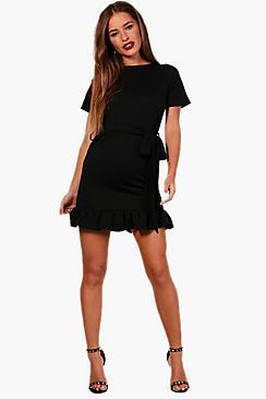 Boohoo Petite Ruffle Hem Tie Waist Dress