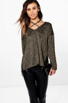 Boohoo Petite Emily Glitter Knit Plunge Strappy Jumper Gold