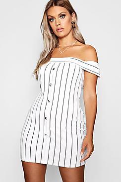 Boohoo Plus Bardot Pinstripe Button Detail Mini Dress