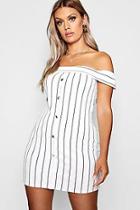 Boohoo Plus Bardot Pinstripe Button Detail Mini Dress