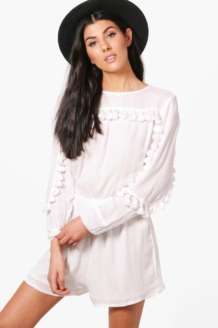 Boohoo Josie Tassel Trim Playsuit Ivory