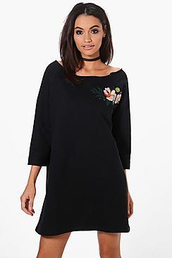 Boohoo Charlotte One Shoulder Embroidered Sweat Dress