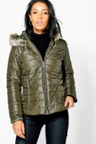 Boohoo Sarah Faux Fur Hood Quilted Jacket Khaki