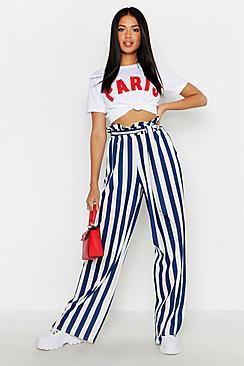 Boohoo Paperbag Tie Waist Stripe Wide Leg Trouser
