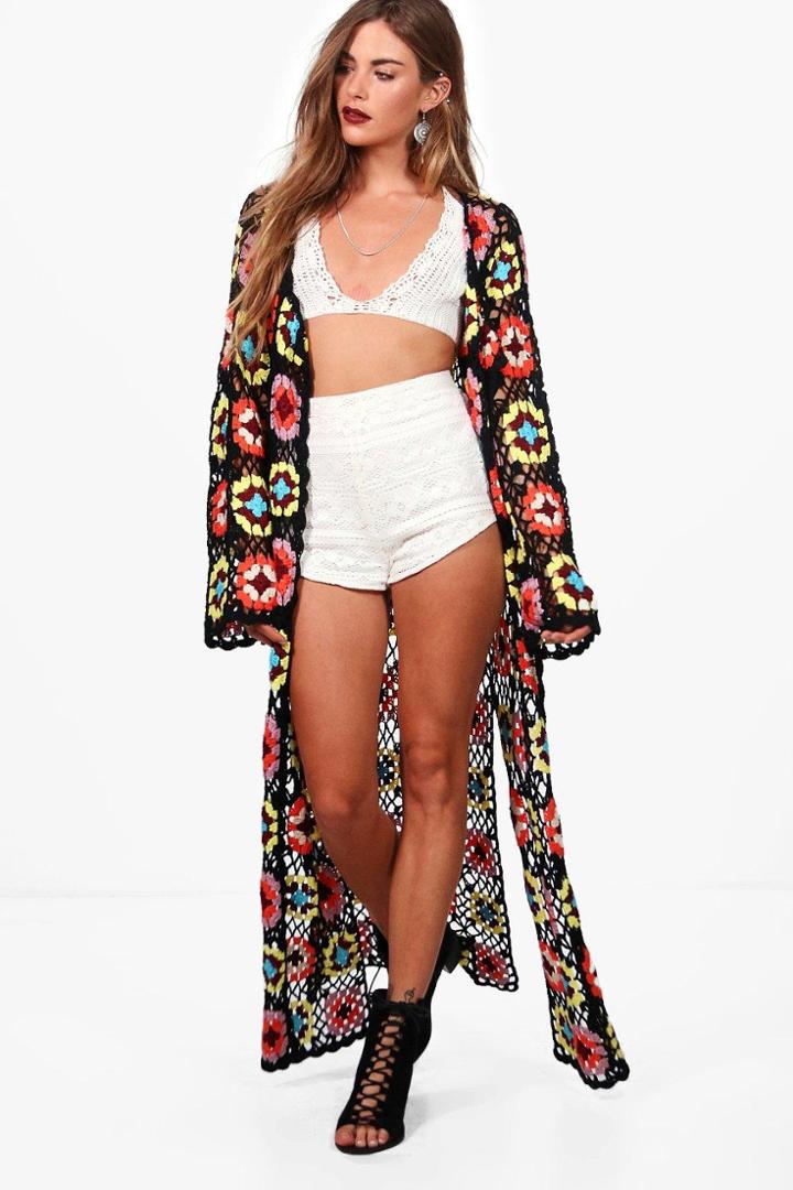 Boohoo Millie Premium Crochet Maxi Cardigan Multi