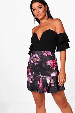 Boohoo Floral Box Pleat Drop Hem Mini Skirt